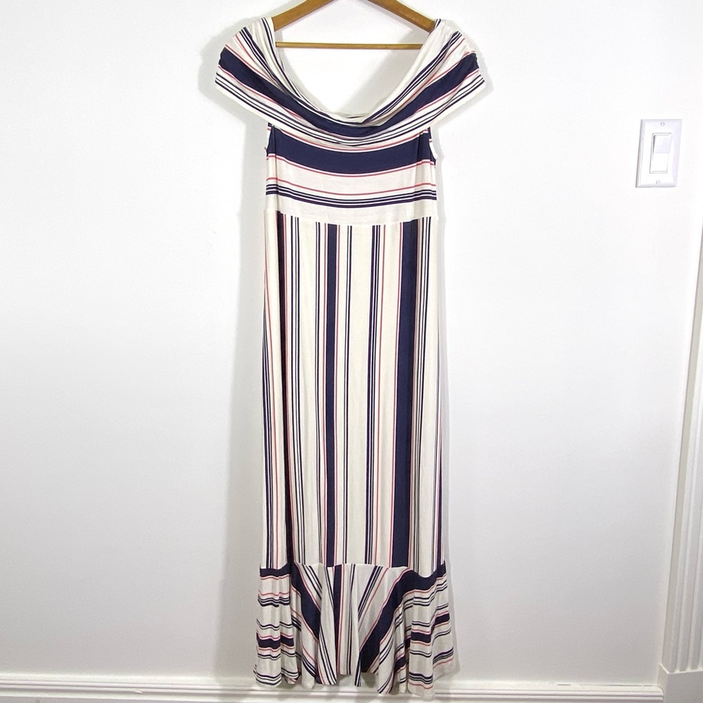Ella Moss Striped Off Shoulder Midi Dress with Ruffled Bias Cut Hem Stretchy